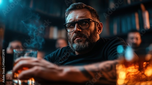 A contemplative man with glasses sits in a dimly lit library atmosphere holding a drink, exuding a sense of mystery and introspection and modern style.