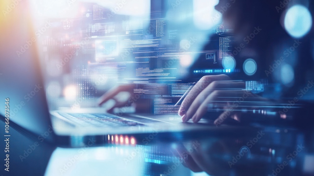A person's hands typing on a laptop with digital code and data overlayed A person's hands typing on a laptop with digital code and data overlayed