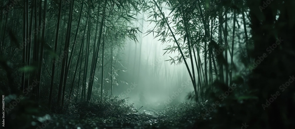 Fototapeta premium A misty path through a dense bamboo forest.