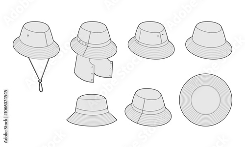 Set of Bucket Hat -Refined Weatherproof Modular Adjustable, Sahara Outdoor Garden Luxury Fisherman, with Cord Stopper. Head Fashion accessory cap clothing technical illustration. Vector flat mockup