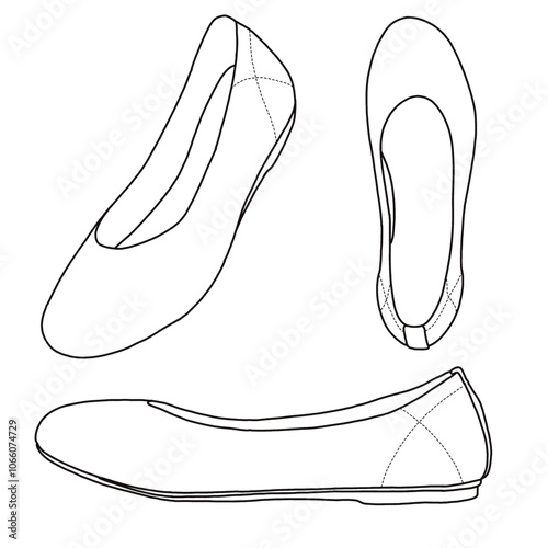 Women’s Ballet Flat Knit Dress Shoes Round Toe Slip On Ballerina Walking Flats Line art, Technical sketch hand drawing outline vector doodle illustration various  view isolated on white background