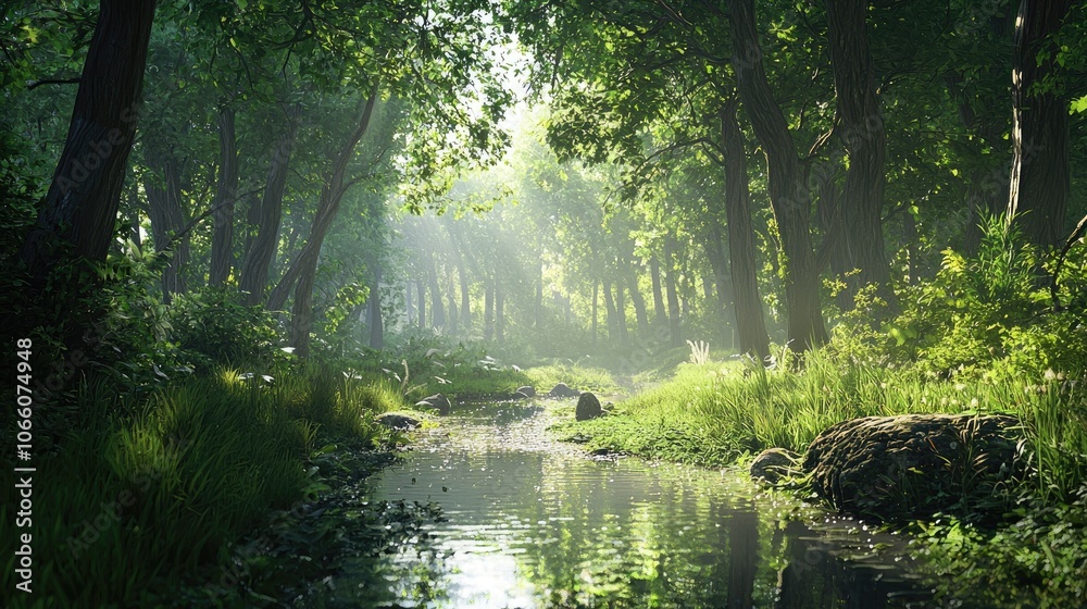 Fototapeta premium Sunbeams Through Dense Forest Canopy, Illuminating a Serene Creek