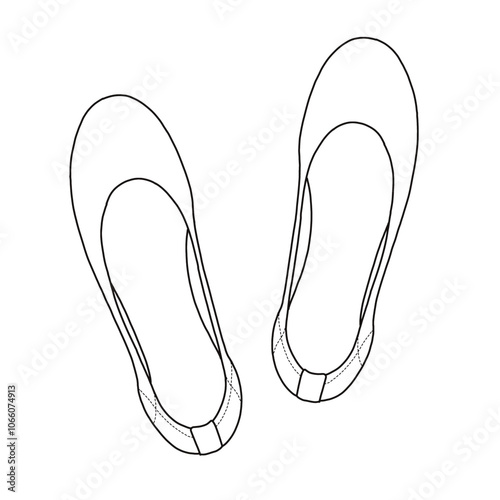 Women’s Ballet Flat Knit Dress Shoes Round Toe Slip On Ballerina Walking Flats Line art, Technical sketch hand drawing outline vector doodle illustration top view isolated on white background