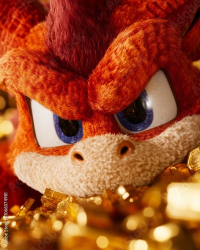 A hero facing a dragon in a cave filled with treasure. photo