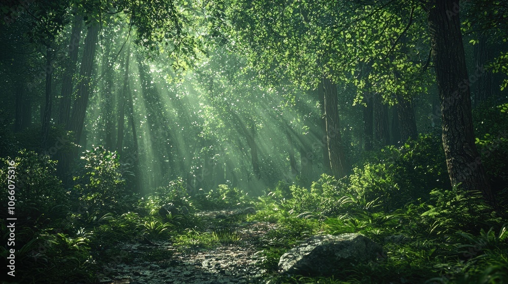 Fototapeta premium Sunlight filtering through dense green forest canopy, illuminating a mossy path.