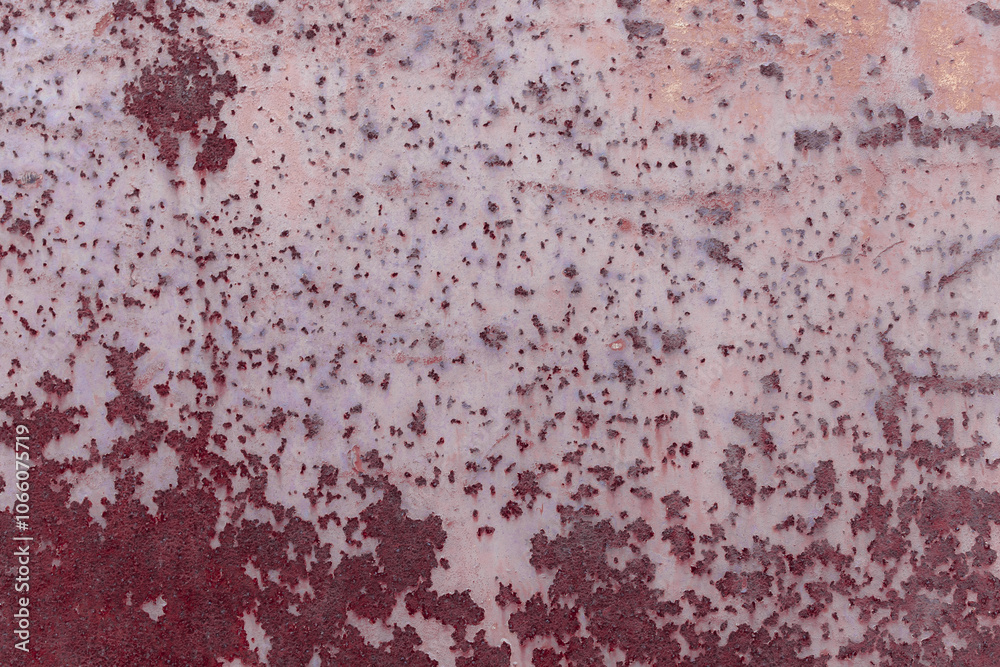 Fragment of a rusty grunge surface. Orange-brown background color. Scuffs and peeling of old paint. Scratches and traces of a welding seam.