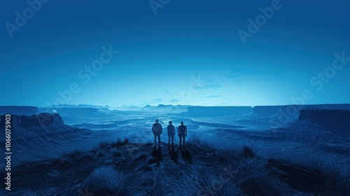 Three figures stand on a cliff overlooking a vast desert landscape at dawn. The sky is a deep blue, and the mist is rising from the ground.