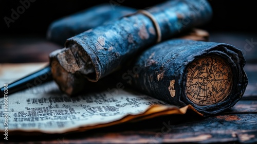 A rolled aged scroll with a celestial design rests atop parchment, evoking a sense of mystery and historical exploration possibly related to astrology or navigation. photo