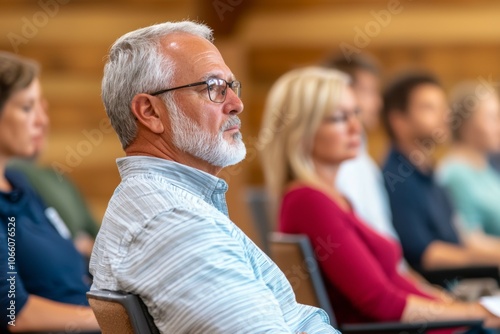 A man with a beard and glasses sits in a room with other people photo