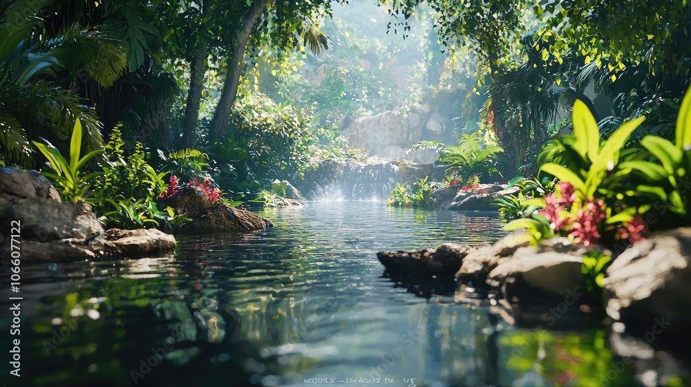 Fototapeta premium Tranquil Jungle Stream with Lush Greenery and Sun Rays