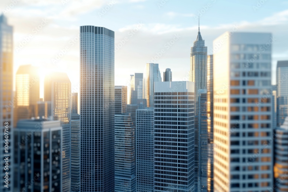 A city skyline with tall buildings and a bright sun shining on them A city skyline with tall buildings and a bright sun shining on them