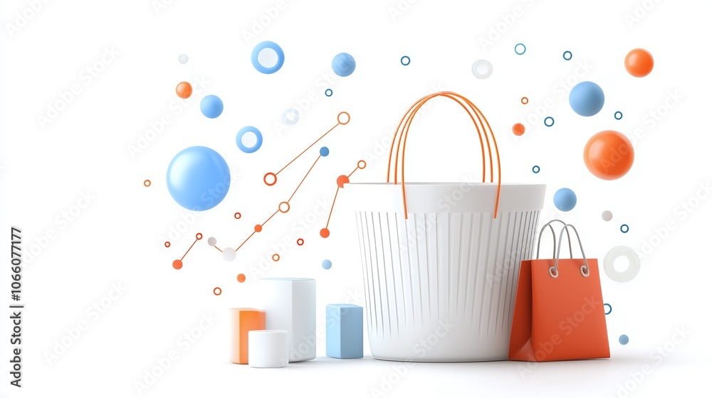 Digital illustration of eCommerce sales increase with data graphs and a virtual shopping basket, white background, clean lines Digital illustration of eCommerce sales increase with data graphs and a virtual shopping basket, white background, clean lines