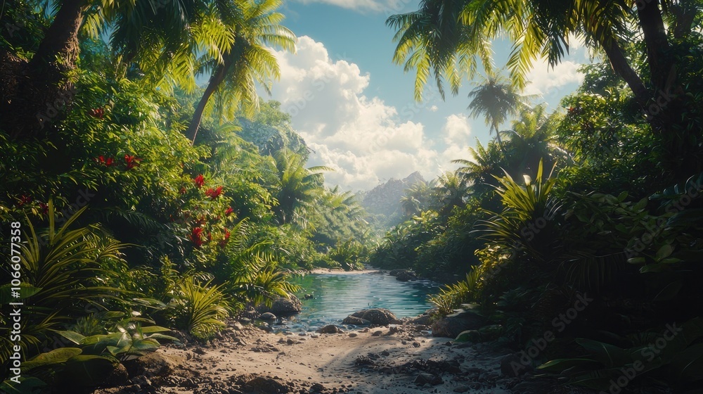 Fototapeta premium Lush Tropical Jungle with a Winding Stream and Distant Mountains