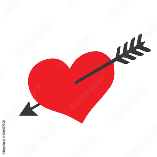 Outline vector illustration of One beautiful bright red heart pierced by an arrow isolated on a white background