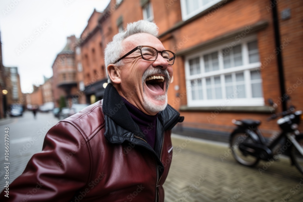 Portrait of happy senior man laughing while walking in the city. Portrait of happy senior man laughing while walking in the city.