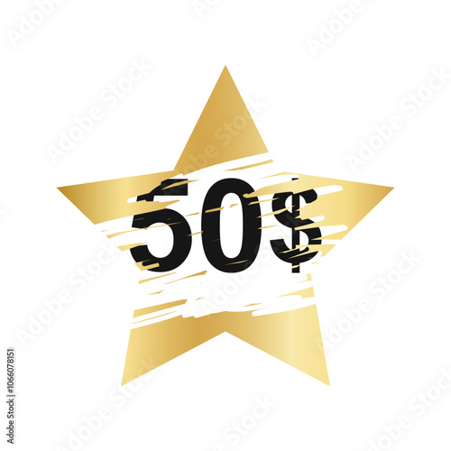 Gold scratch card surface in star shape with scraped texture and 50 dollars winning text. Winner lottery, sale coupon, jackpot scratchcard template. Vector illustration.