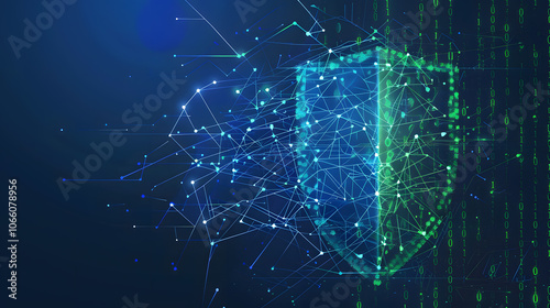 Hightech digital shield symbolizes cybersecurity, data protection, and secure networking with abstract lines and binary code on a tech background, showcasing advanced technology