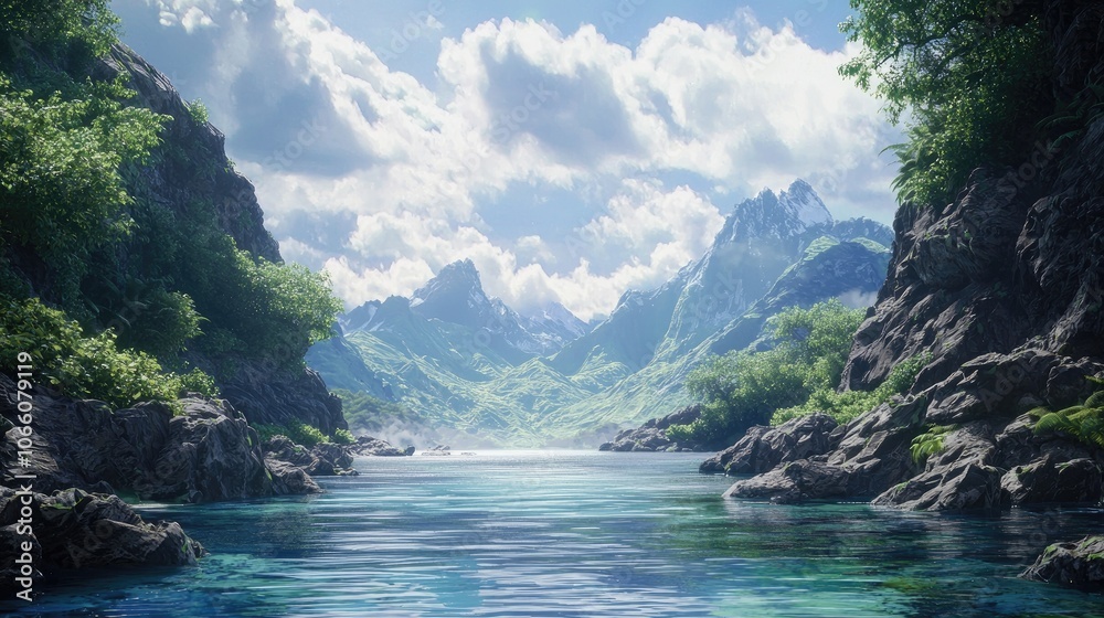 Obraz premium A Serene Mountain Lake Surrounded by Lush Green Foliage and Rocky Cliffs