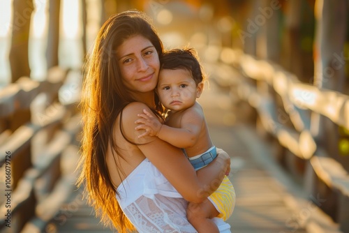 Attractive Colombian Woman with Child in Outdoor Setting photo