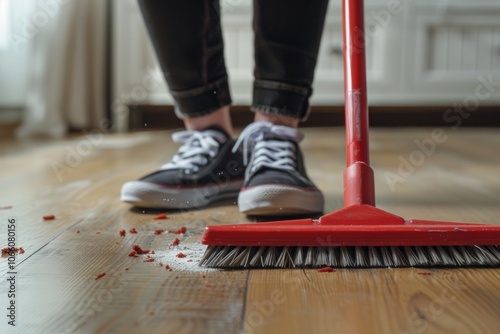 Cleaning with a Broom on Wooden Floor photo