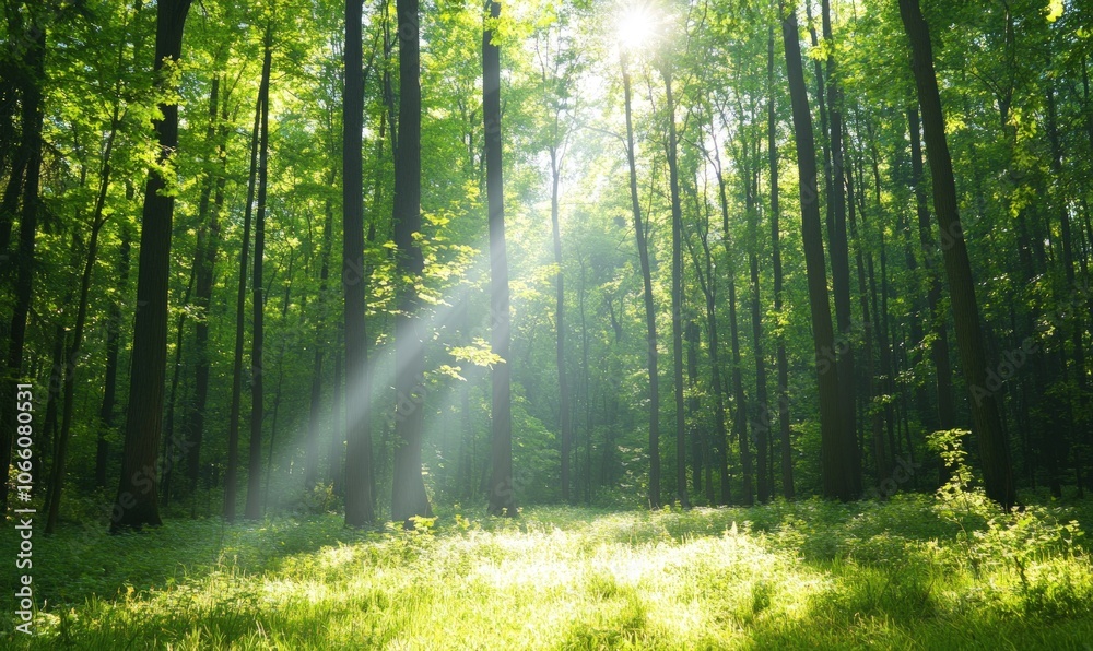 Obraz premium Sunbeams illuminate a lush green forest with tall trees.