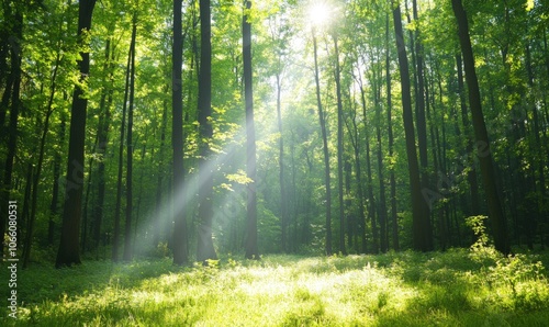 Sunbeams illuminate a lush green forest with tall trees.