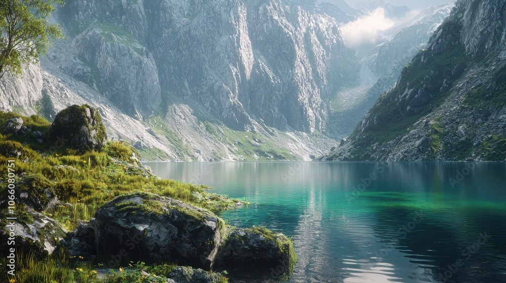 Obraz premium A Tranquil Mountain Lake Nestled Between Majestic Cliffs