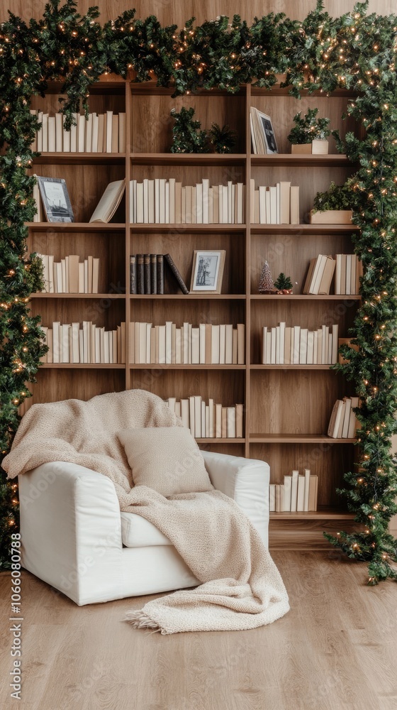 Fototapeta premium This reading nook features a stylish white armchair adorned with a knitted blanket and surrounded by warm winter decorations and a Christmas tree