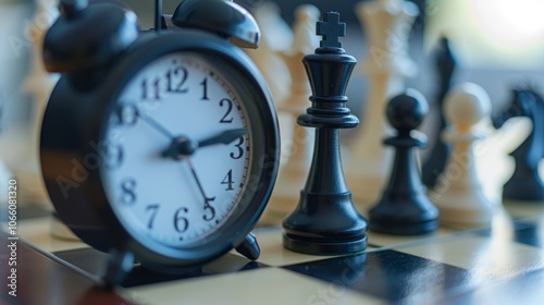 A clock set at the top of a chess board the small white and black pieces counting down the time during a competitive match. photo