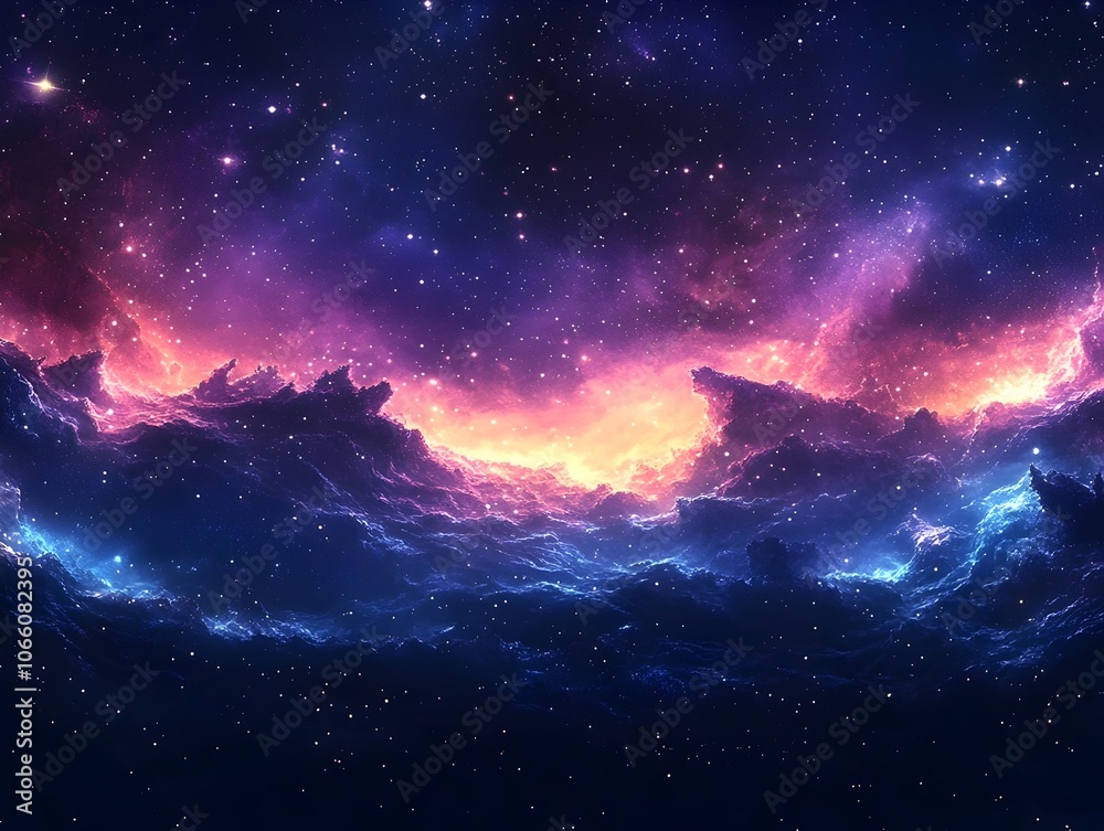 Fototapeta premium A stunning cosmic landscape showcases vibrant purple and blue hues with bright orange accents, depicting a nebula filled with stars and wispy clouds in the universe.