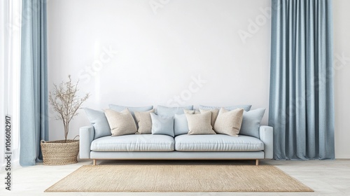 Light Blue Sofa with Beige Pillows in a Minimalist Living Room