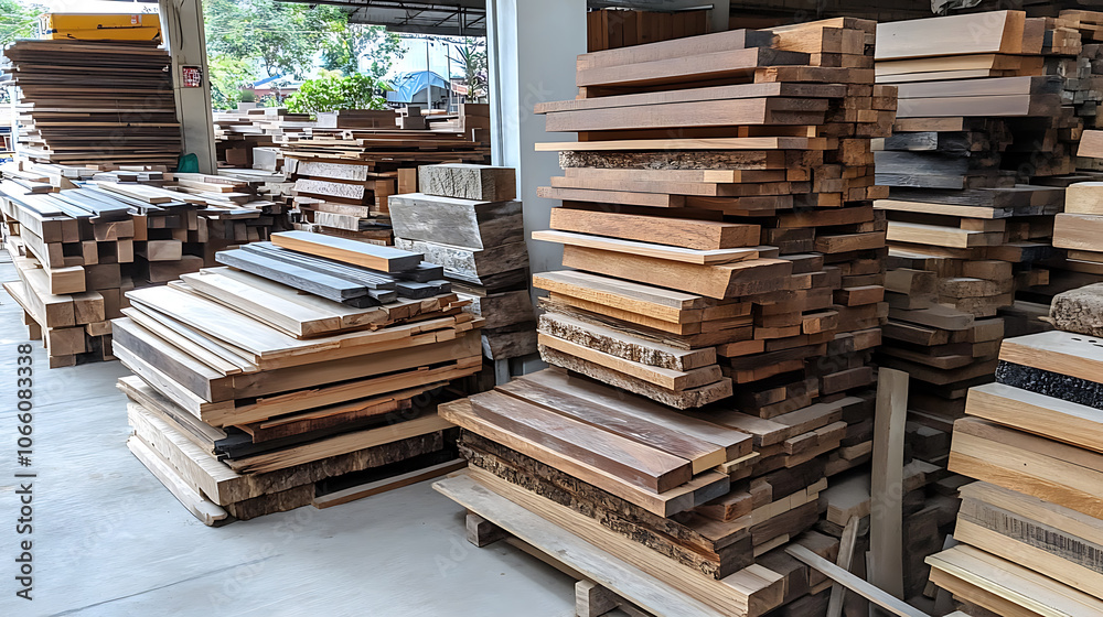 Fototapeta premium Wooden lumber in various sizes piled in piles for floor cornices, building materials for homes, and furniture supplies at Pracha Narumitr Community of Woods Material in Bangkok, Thailand