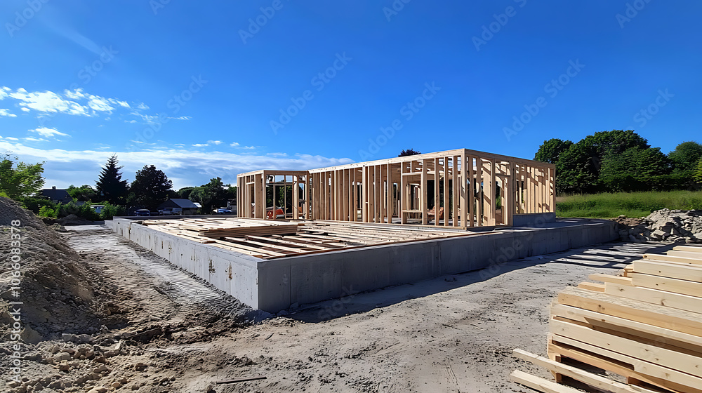 Wooden framing of a new house under construction with blue sky Wooden framing of a new house under construction with blue sky