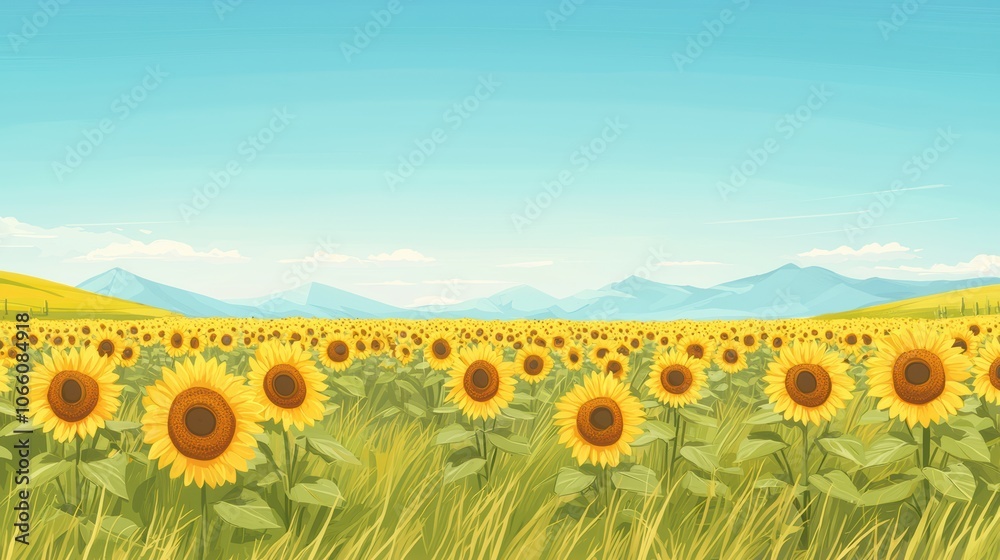 Fototapeta premium A vibrant sunflower field stretches under a clear blue sky