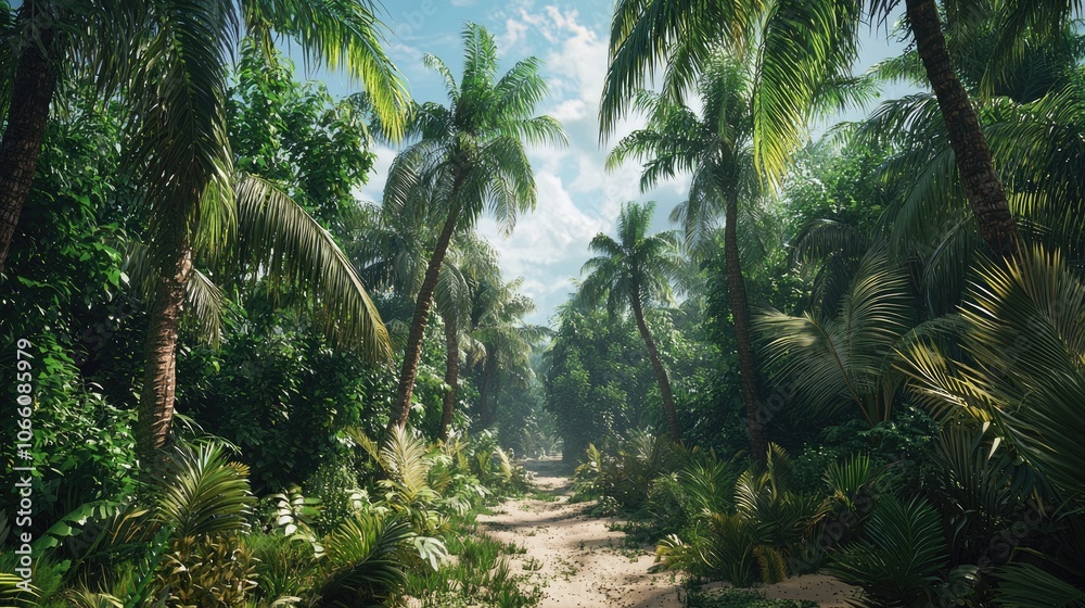 Naklejka premium A Sunlit Path Through a Lush Tropical Forest