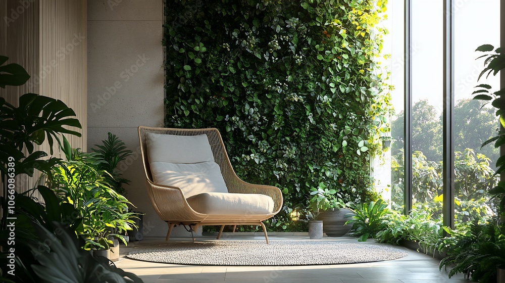Fototapeta premium A modern living room with a large window, a comfortable chair, and a lush green wall. The room is filled with natural light and plants.