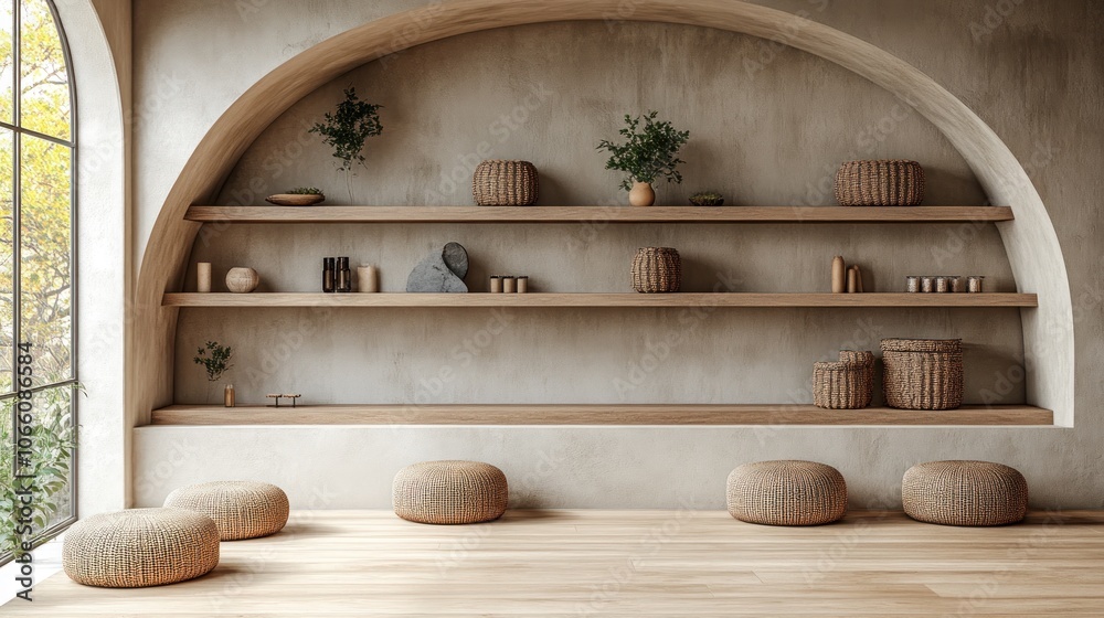 Obraz premium Minimalist living room with arched wall, shelves, and cushions.