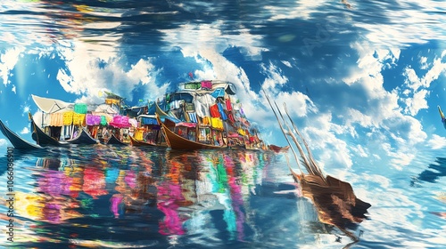 A vibrant scene of colorful boats with fishing nets on a calm sea under a blue sky with clouds. photo