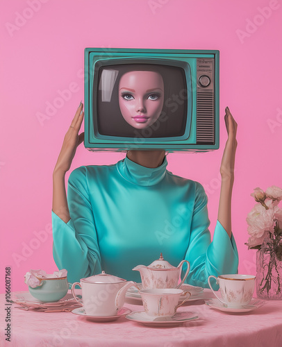 A blue television with the face of a doll inside, sitting on an old table, with the doll wearing a light-blue outfit ,against a pink background, in 70s Rococo art photo