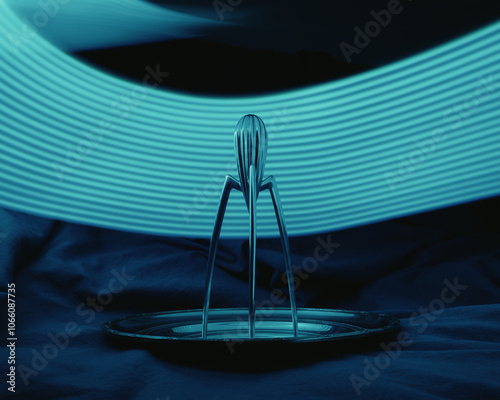 There is a Juicy Salif citrus juicer that is currently resting on a plate while illuminated by a blue light positioned behind it, creating an interesting visual lemon juicer