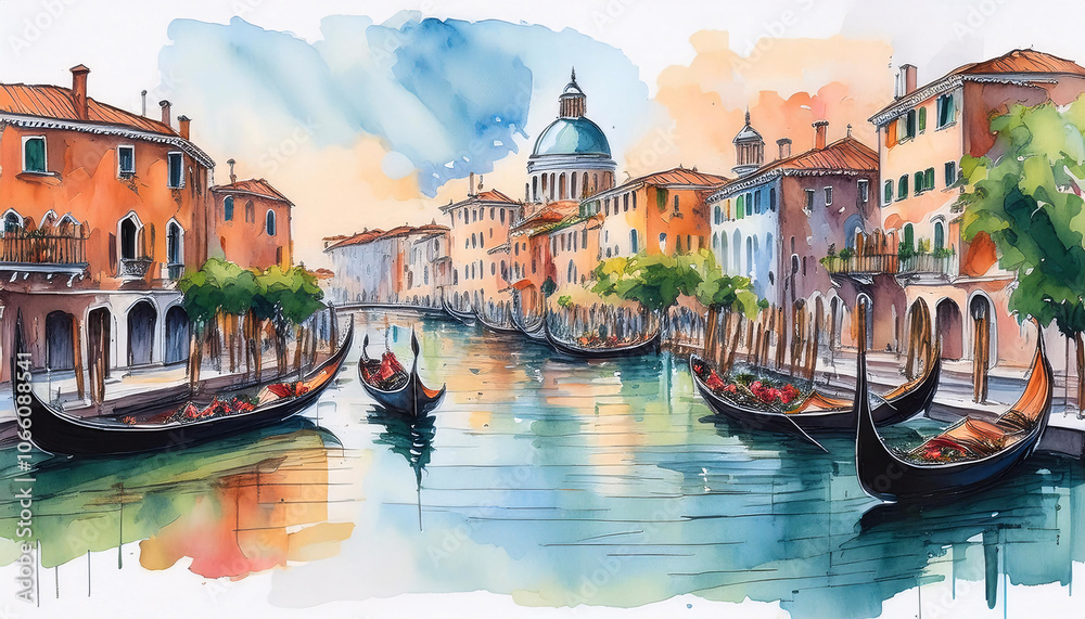 Obraz premium Watercolor painting of a canal in Venice with gondolas and colorful buildings