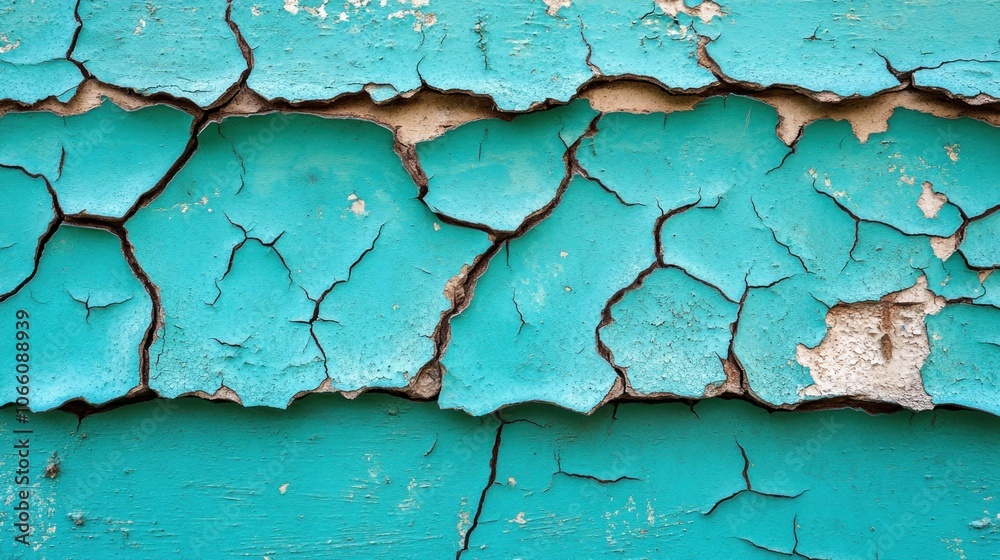 Obraz premium Close-up of cracked and peeling turquoise paint on a wooden surface.