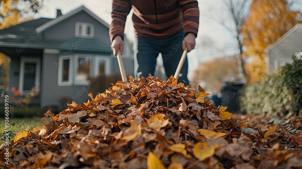 Autumn Yard Scene with Hands Raking Leaves Autumn Yard Scene with Hands Raking Leaves