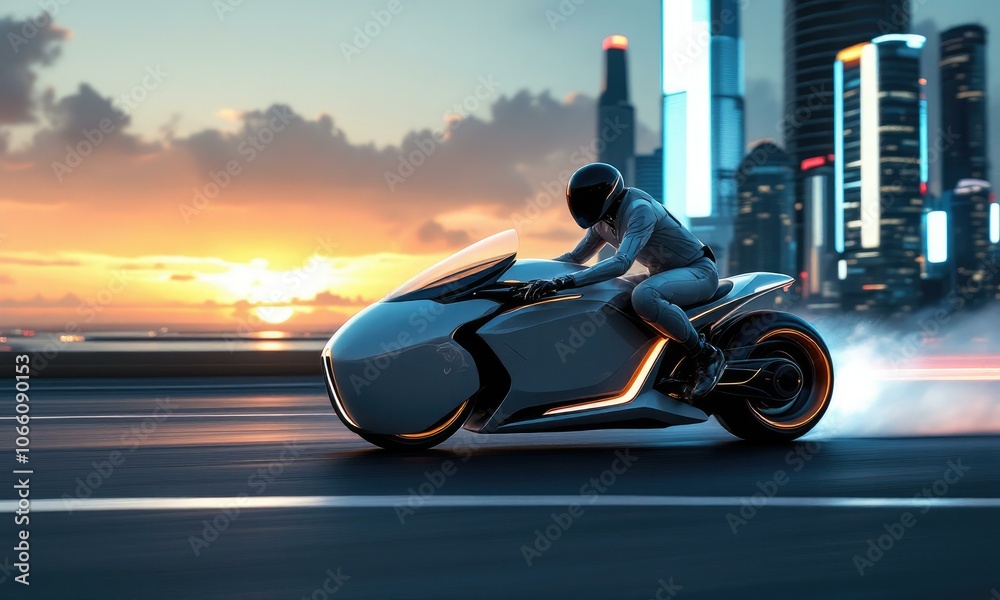 Obraz premium Futuristic Motorcycle Sunset Cityscape