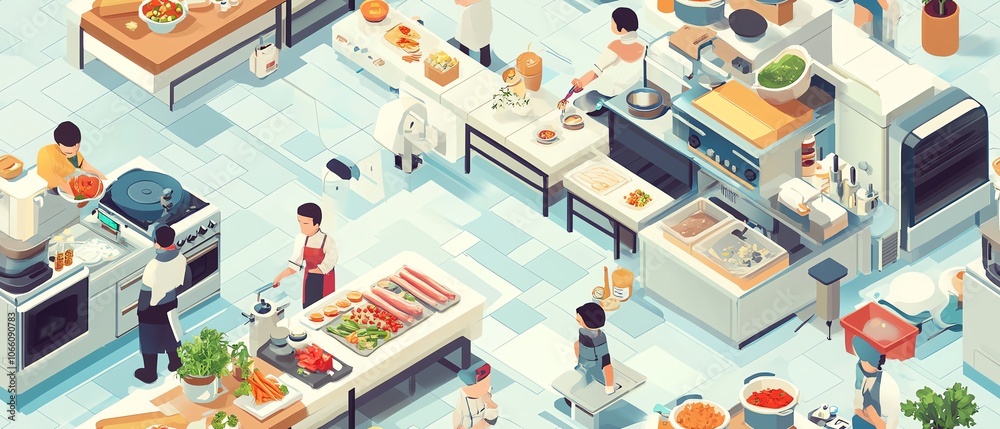 A bustling isometric illustration of a kitchen with chefs preparing food, various ingredients, and a tiled floor. A bustling isometric illustration of a kitchen with chefs preparing food, various ingredients, and a tiled floor.