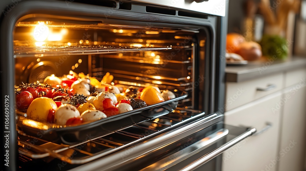Oven with Vegetables Roasting on a Baking Sheet Oven with Vegetables Roasting on a Baking Sheet