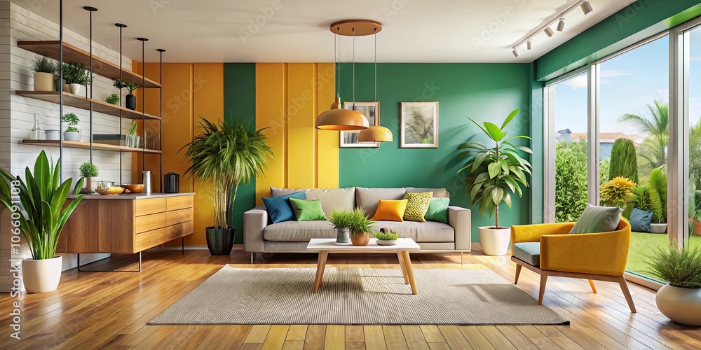 Modern interior with bright, vibrant walls featuring a living room, bedroom, kitchen, and house plants Modern interior with bright, vibrant walls featuring a living room, bedroom, kitchen, and house plants