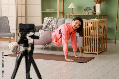 Female blogger doing plank ...