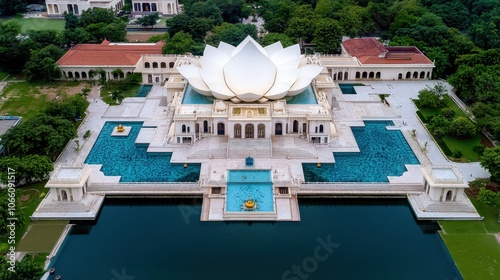 Lotus Temple New Delhi India Aerial View of Iconic Architecture with Pools and Gardens