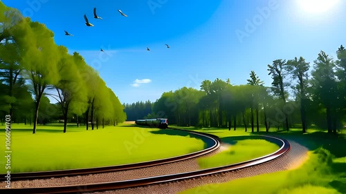 Journey Through Nature: A Scenic Train Ride Along Serene Tracks Beneath a Bright Sky and Whispering Trees